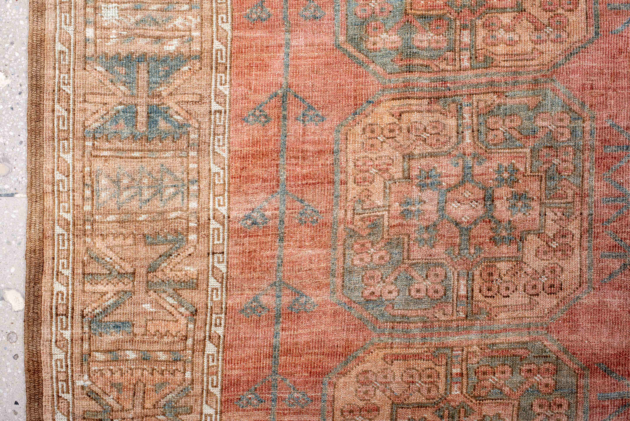 8' x 11' one-of-a-kind handmade vintage Afghan large size rug. Color palette: brown, gray, off-white, orange, pink