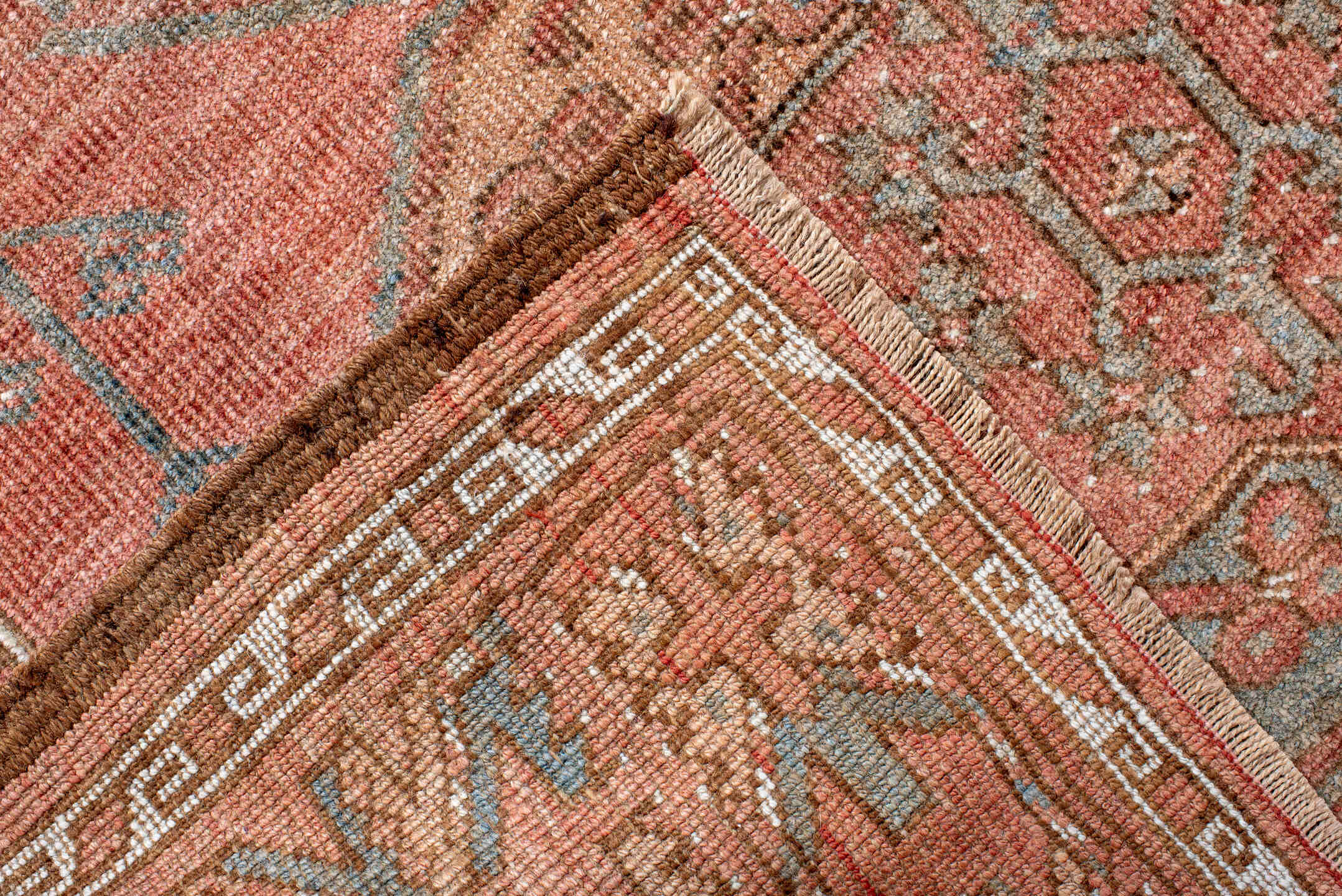 8' x 11' one-of-a-kind handmade vintage Afghan large size rug. Color palette: brown, gray, off-white, orange, pink