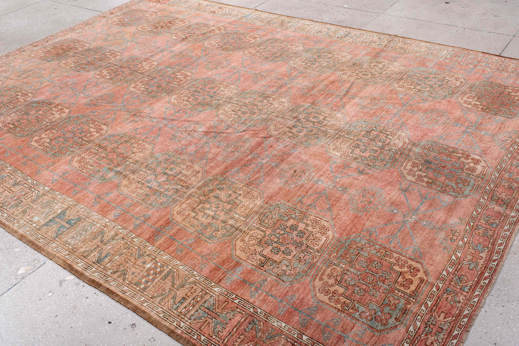 8' x 11' one-of-a-kind handmade vintage Afghan large size rug. Color palette: brown, gray, off-white, orange, pink