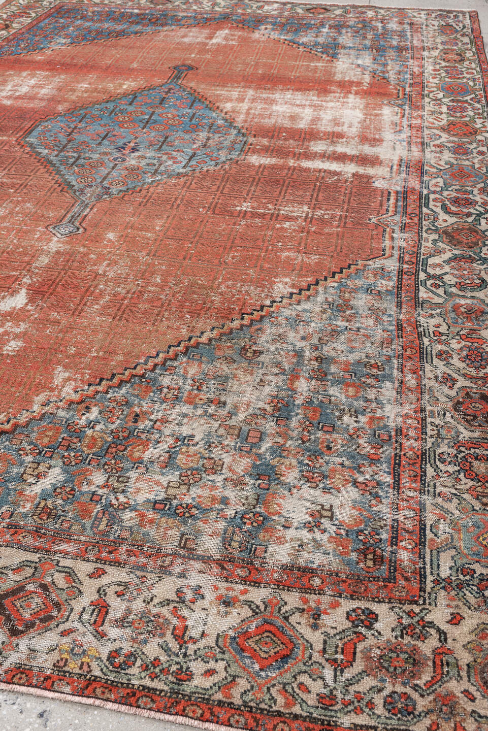 8' x 13' one-of-a-kind handmade antique Malayer large size rug. Color palette: terra cotta, ivory, blue, rust, slate, coral