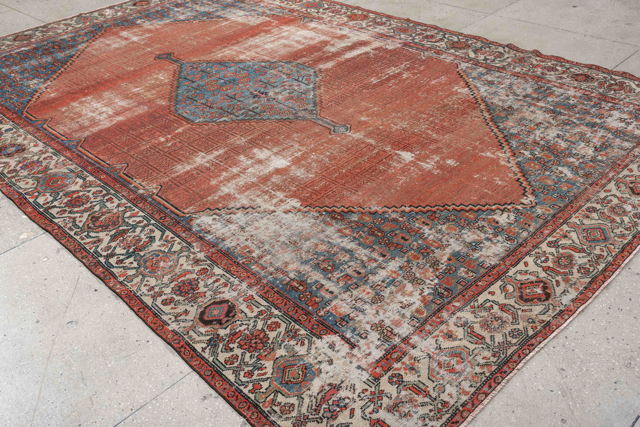 8' x 13' one-of-a-kind handmade antique Malayer large size rug. Color palette: terra cotta, ivory, blue, rust, slate, coral