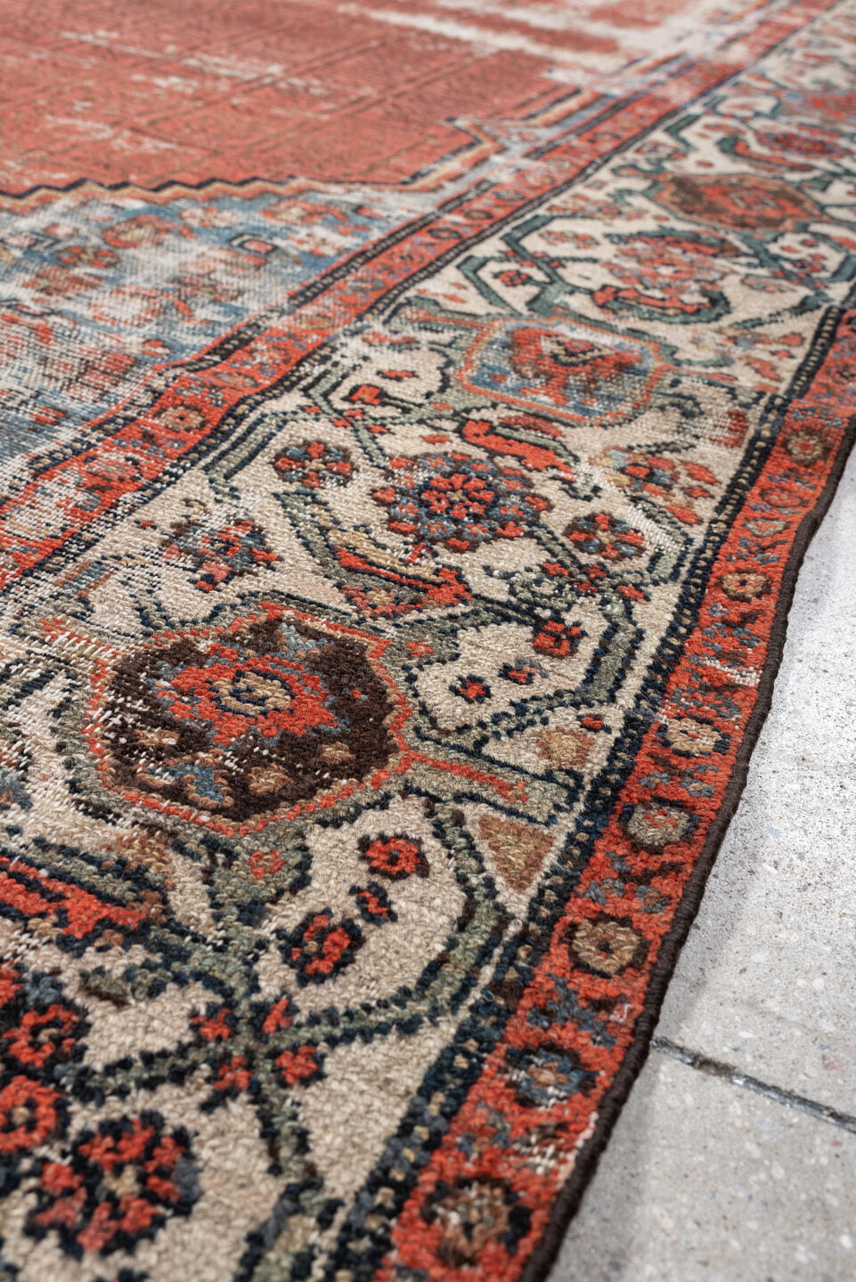 8' x 13' one-of-a-kind handmade antique Malayer large size rug. Color palette: terra cotta, ivory, blue, rust, slate, coral