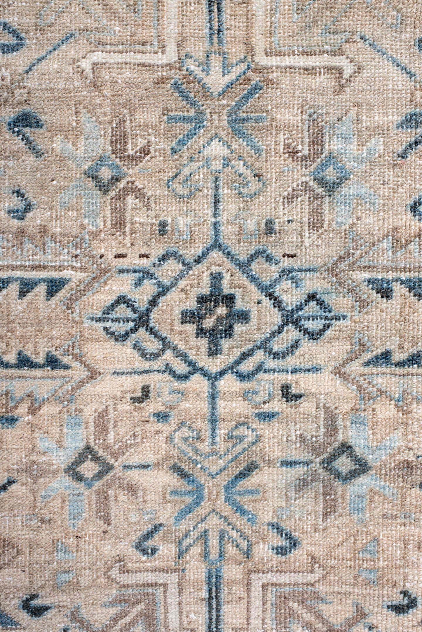 7' x 7' one-of-a-kind handmade antique Heriz rug. Color palette: ivory, beige, slate, taupe, sky blue, charcoal, gray