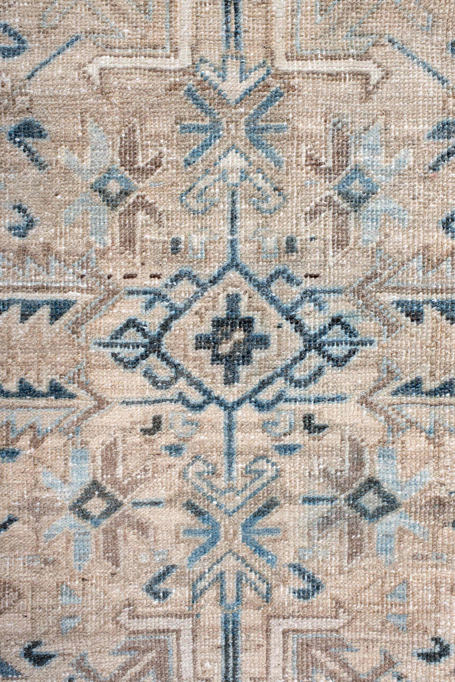7' x 7' one-of-a-kind handmade antique Heriz rug. Color palette: ivory, beige, slate, taupe, sky blue, charcoal, gray