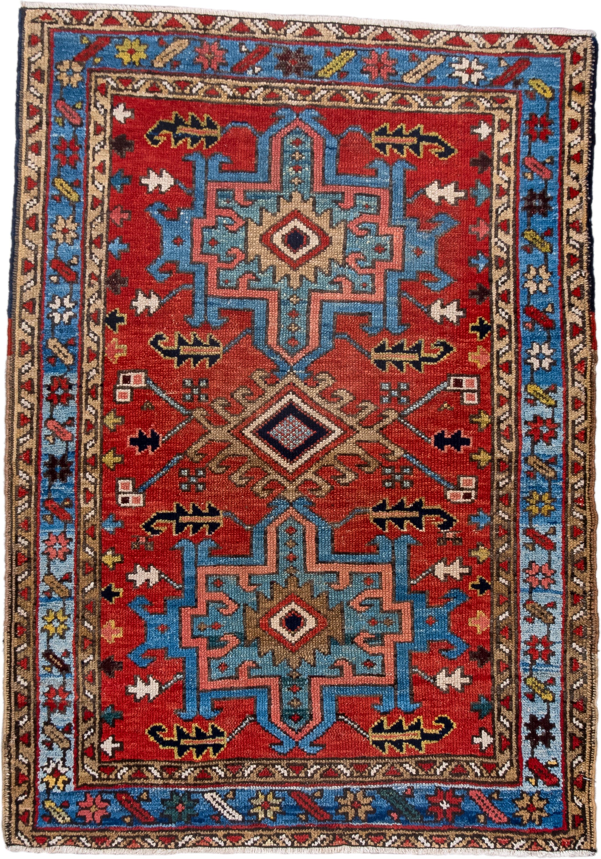 3' x 4' one-of-a-kind handmade antique Karaje small size rug. Color palette: rust, sky blue, ivory, navy, camel, rose, gold