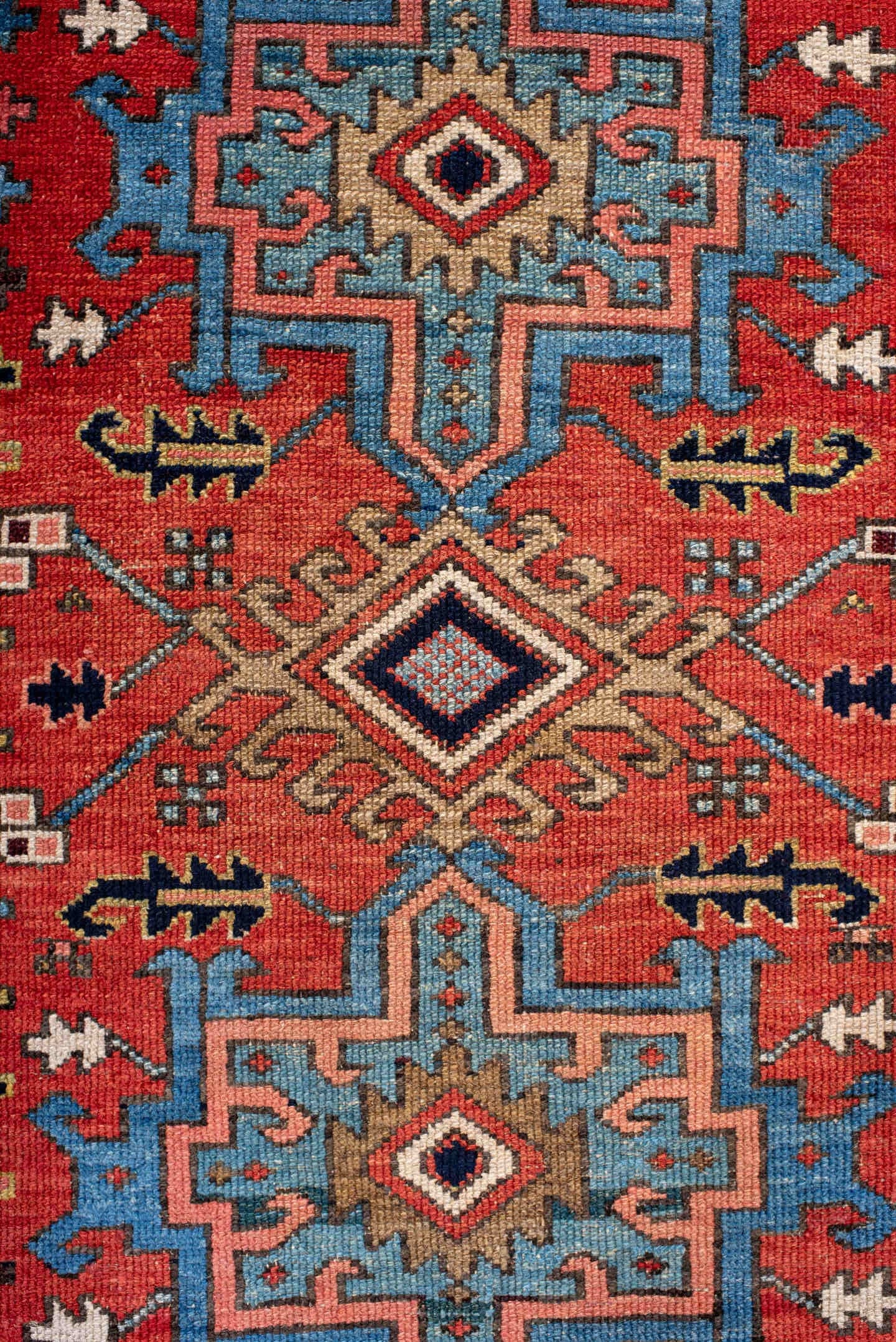3' x 4' one-of-a-kind handmade antique Karaje small size rug. Color palette: rust, sky blue, ivory, navy, camel, rose, gold