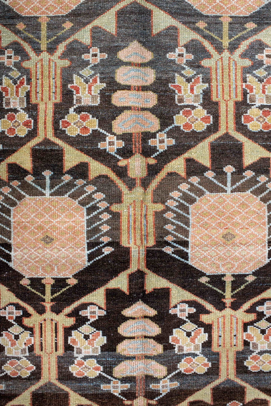 4' x 7' one-of-a-kind handmade antique Baktiary rug. Color palette: rust, charcoal, camel, ivory, soft blue, taupe, gold