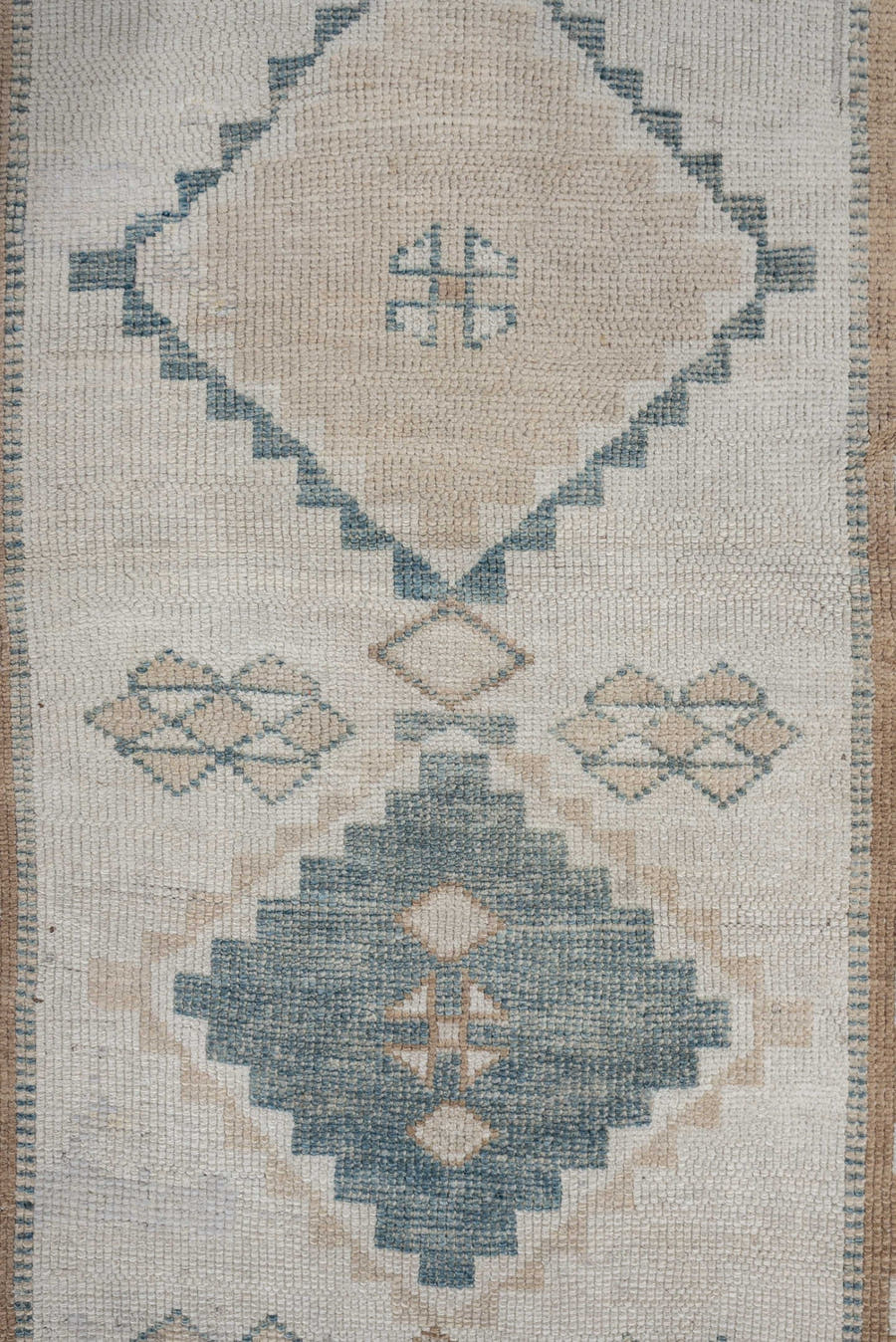 2' x 6' one-of-a-kind handmade antique Gabbeh runner rug. Color palette: ivory, pale blue, camel, taupe, brown, light blue