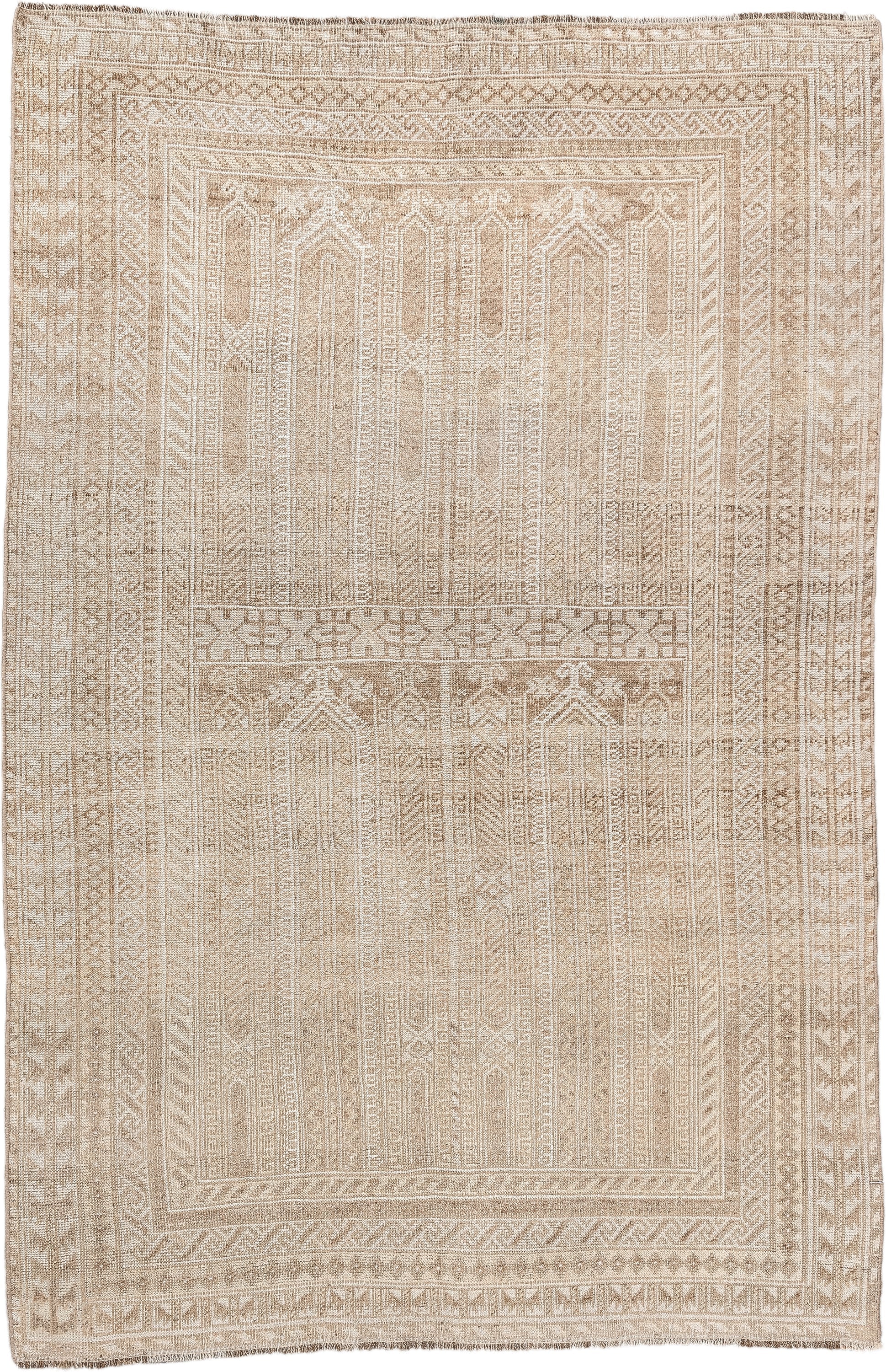 4' x 6' one-of-a-kind handmade antique Belouch small size rug. Color palette: camel, ivory, taupe, sand, beige, gray