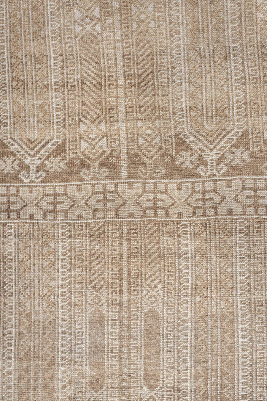 4' x 6' one-of-a-kind handmade antique Belouch small size rug. Color palette: camel, ivory, taupe, sand, beige, gray