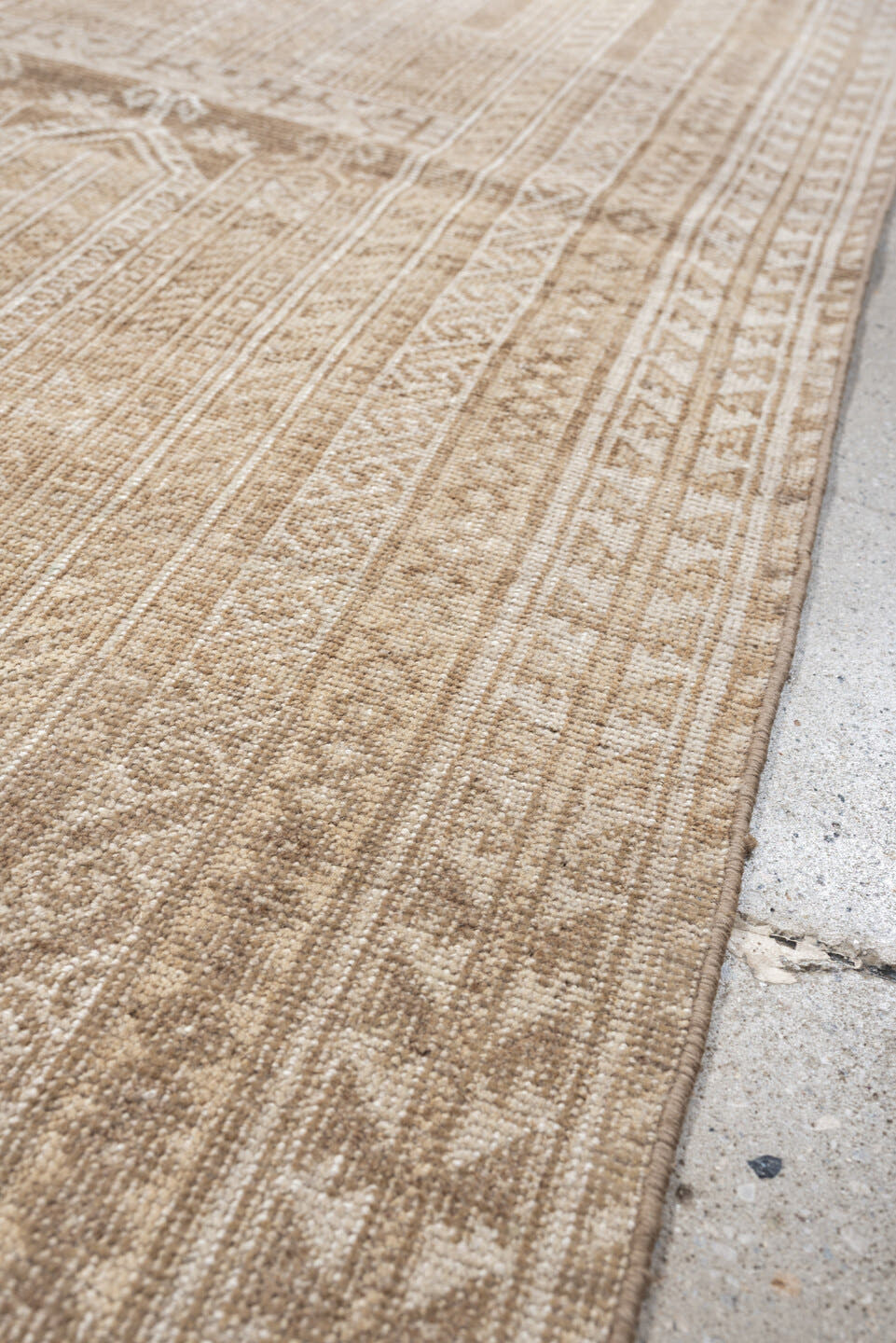 4' x 6' one-of-a-kind handmade antique Belouch small size rug. Color palette: camel, ivory, taupe, sand, beige, gray