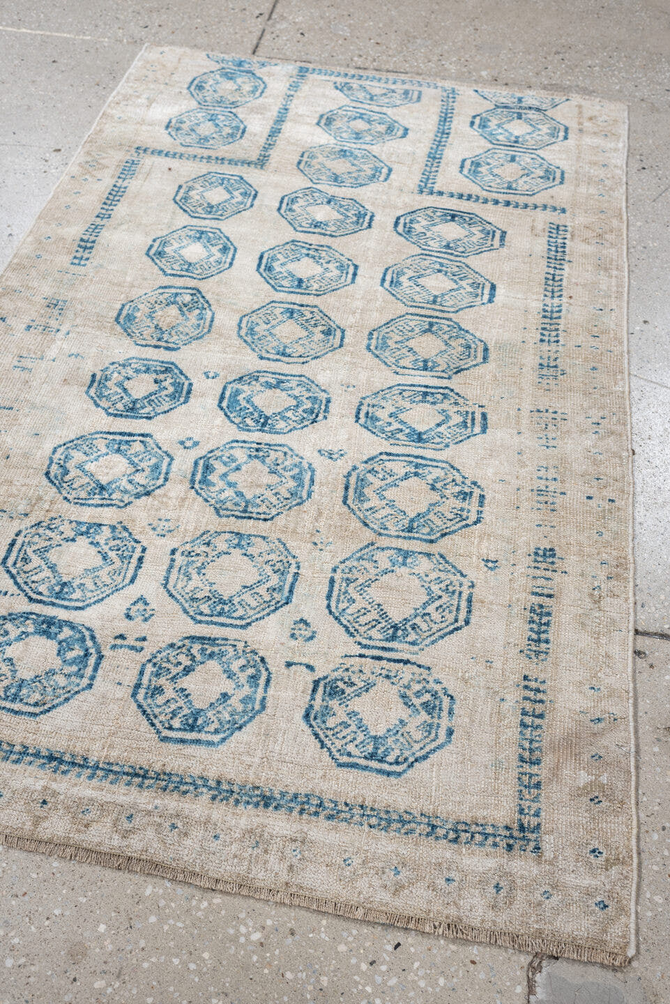 2' x 4' one-of-a-kind handmade antique Belouch small size rug. Color palette: ivory, sky blue, beige, taupe, light blue