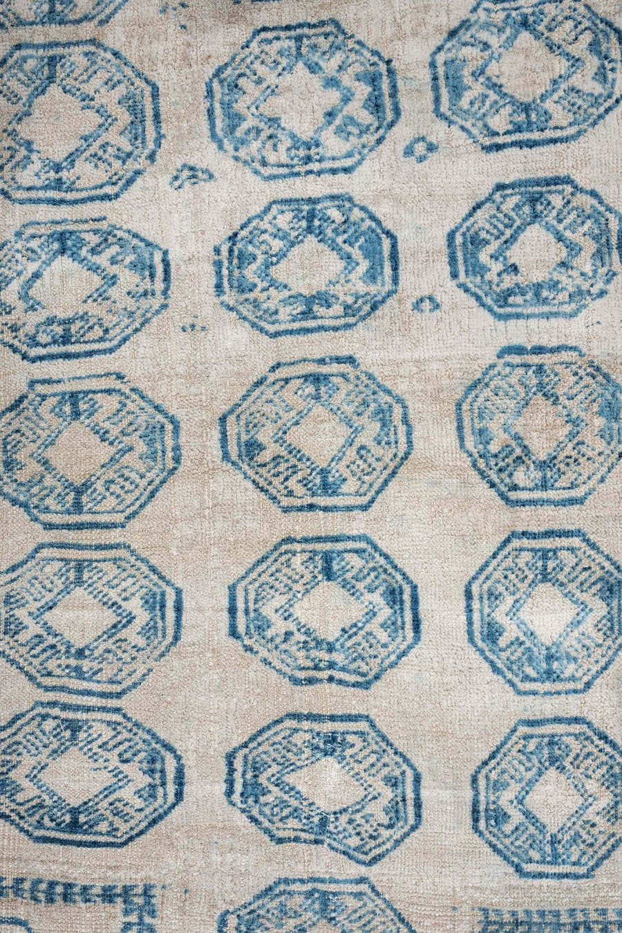 2' x 4' one-of-a-kind handmade antique Belouch small size rug. Color palette: ivory, sky blue, beige, taupe, light blue