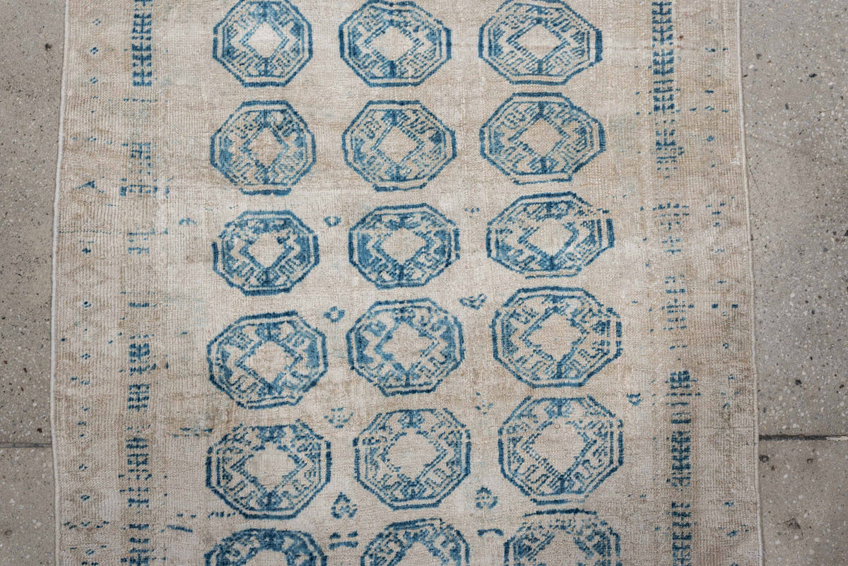 2' x 4' one-of-a-kind handmade antique Belouch small size rug. Color palette: ivory, sky blue, beige, taupe, light blue