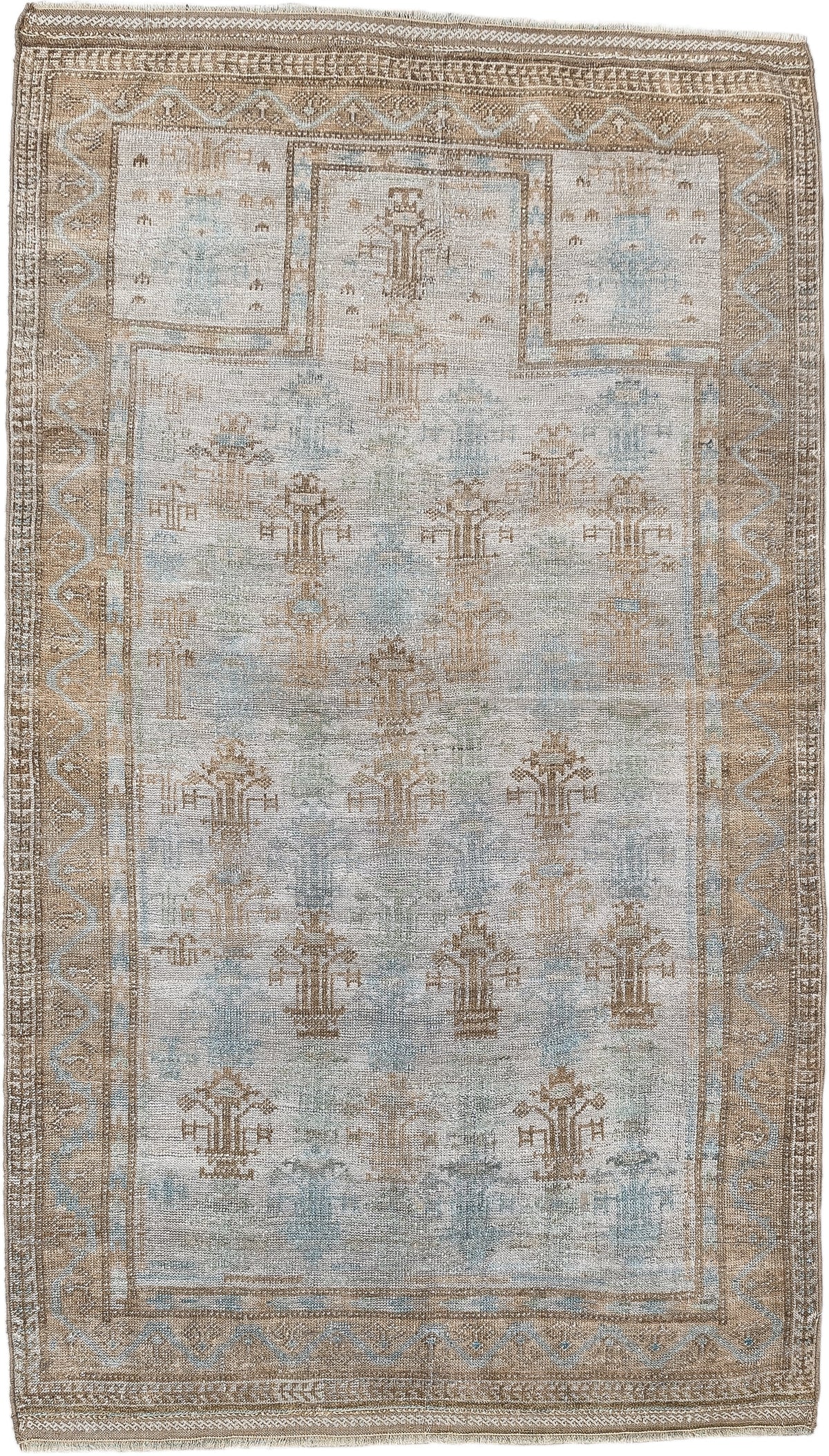 2' x 4' one-of-a-kind handmade antique Belouch small size rug. Color palette: ivory, camel, taupe, sky blue, beige