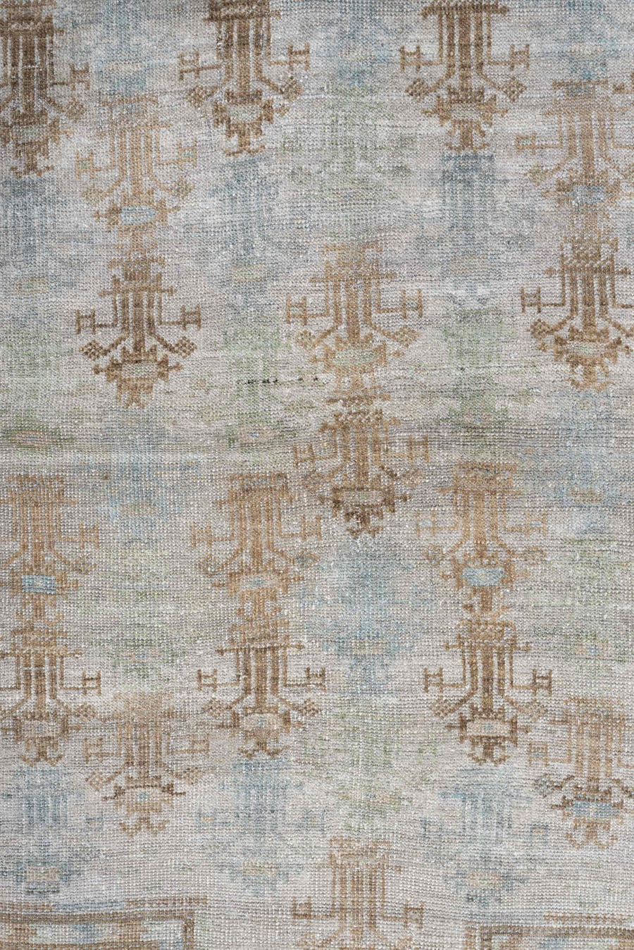 2' x 4' one-of-a-kind handmade antique Belouch small size rug. Color palette: ivory, camel, taupe, sky blue, beige