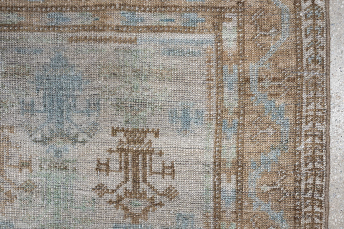 2' x 4' one-of-a-kind handmade antique Belouch small size rug. Color palette: ivory, camel, taupe, sky blue, beige