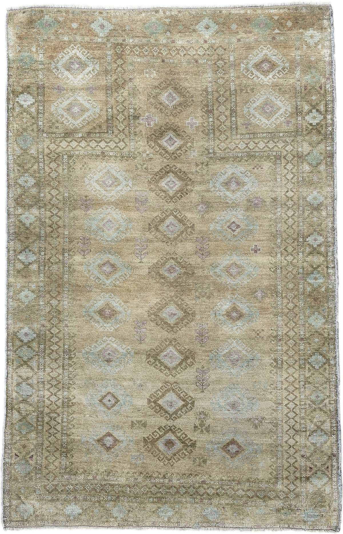 3' x 4' one-of-a-kind handmade antique Belouch small size rug. Color palette: camel, taupe, ivory, pale aqua, soft lavender
