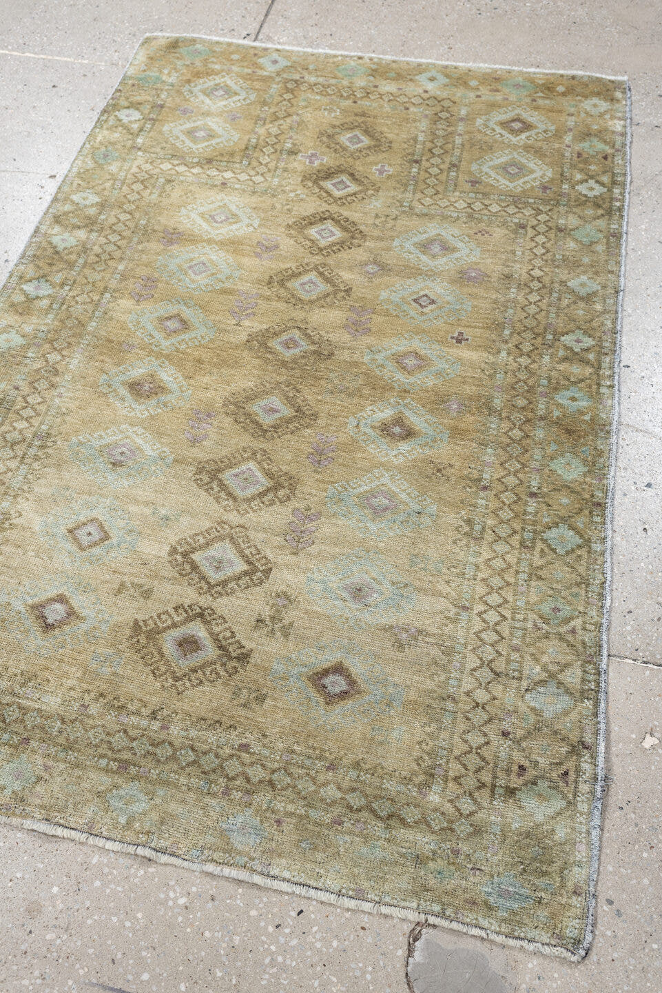 3' x 4' one-of-a-kind handmade antique Belouch small size rug. Color palette: camel, taupe, ivory, pale aqua, soft lavender