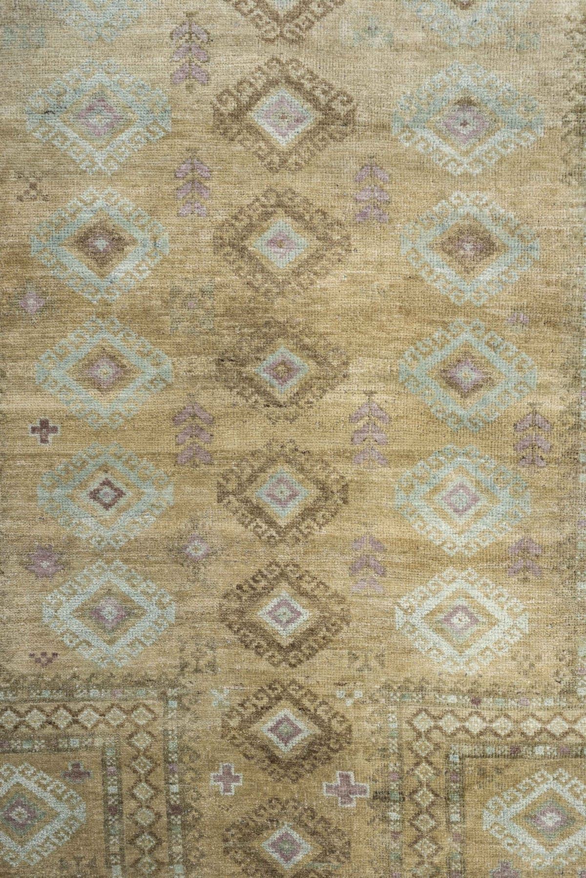 3' x 4' one-of-a-kind handmade antique Belouch small size rug. Color palette: camel, taupe, ivory, pale aqua, soft lavender