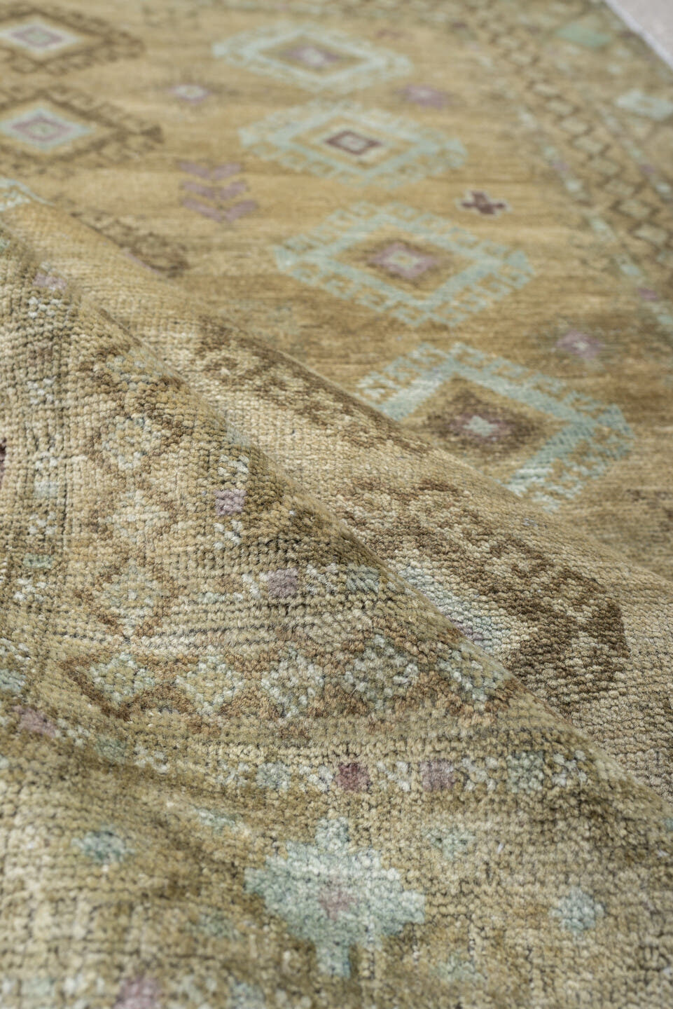 3' x 4' one-of-a-kind handmade antique Belouch small size rug. Color palette: camel, taupe, ivory, pale aqua, soft lavender