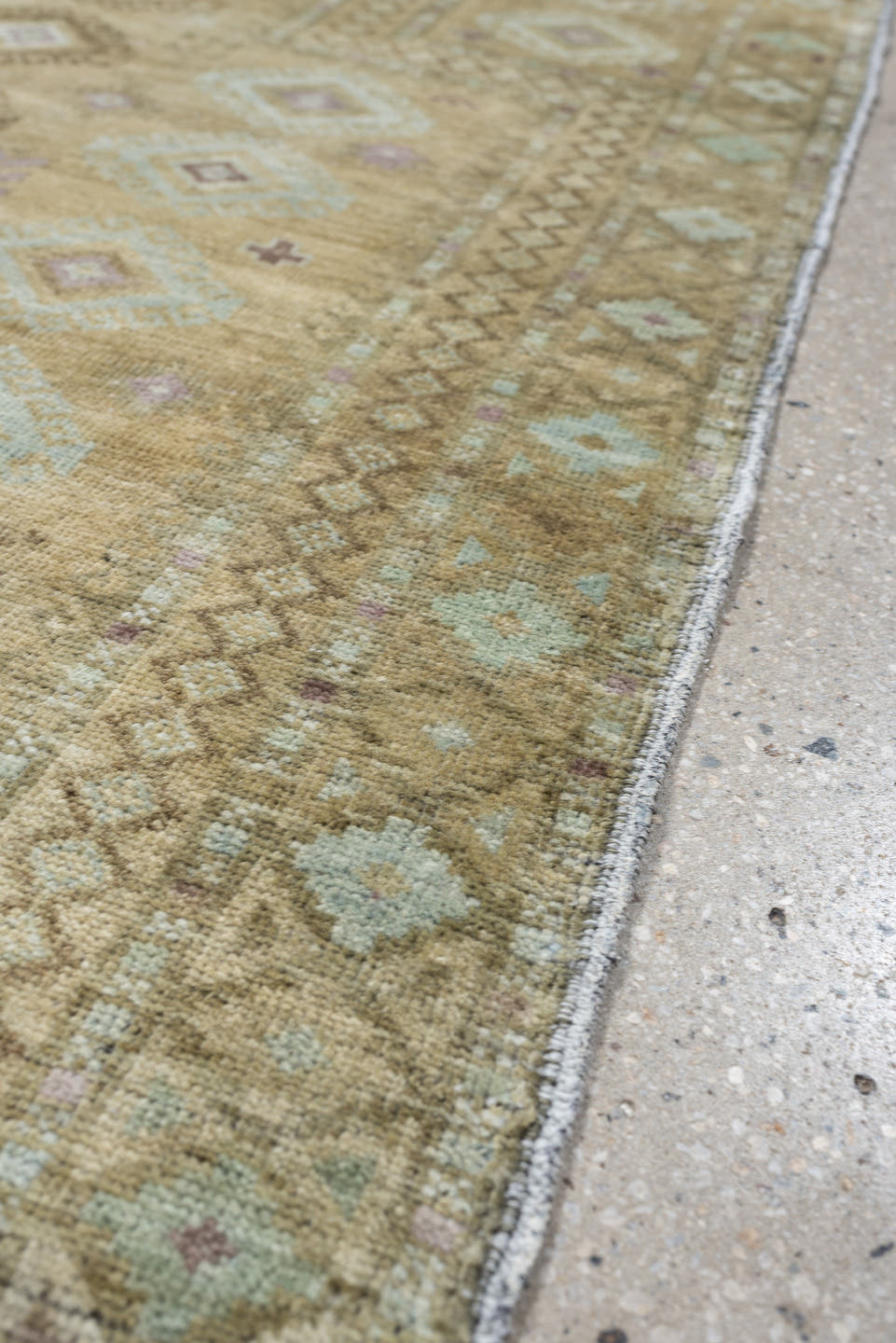 3' x 4' one-of-a-kind handmade antique Belouch small size rug. Color palette: camel, taupe, ivory, pale aqua, soft lavender