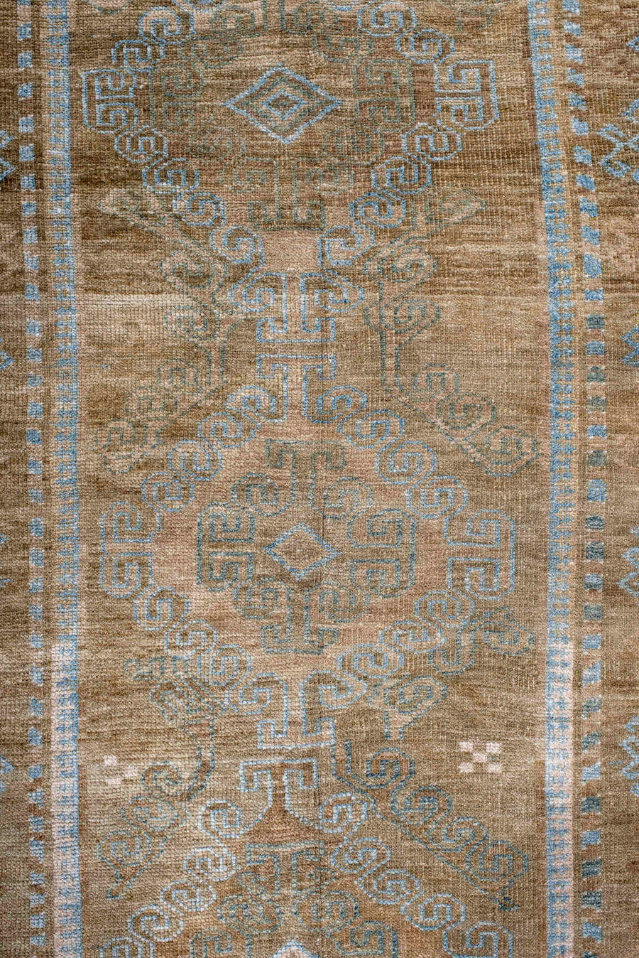 3' x 4' one-of-a-kind handmade antique Belouch small size rug. Color palette: taupe, camel, sky_blue, ivory, terra_cotta