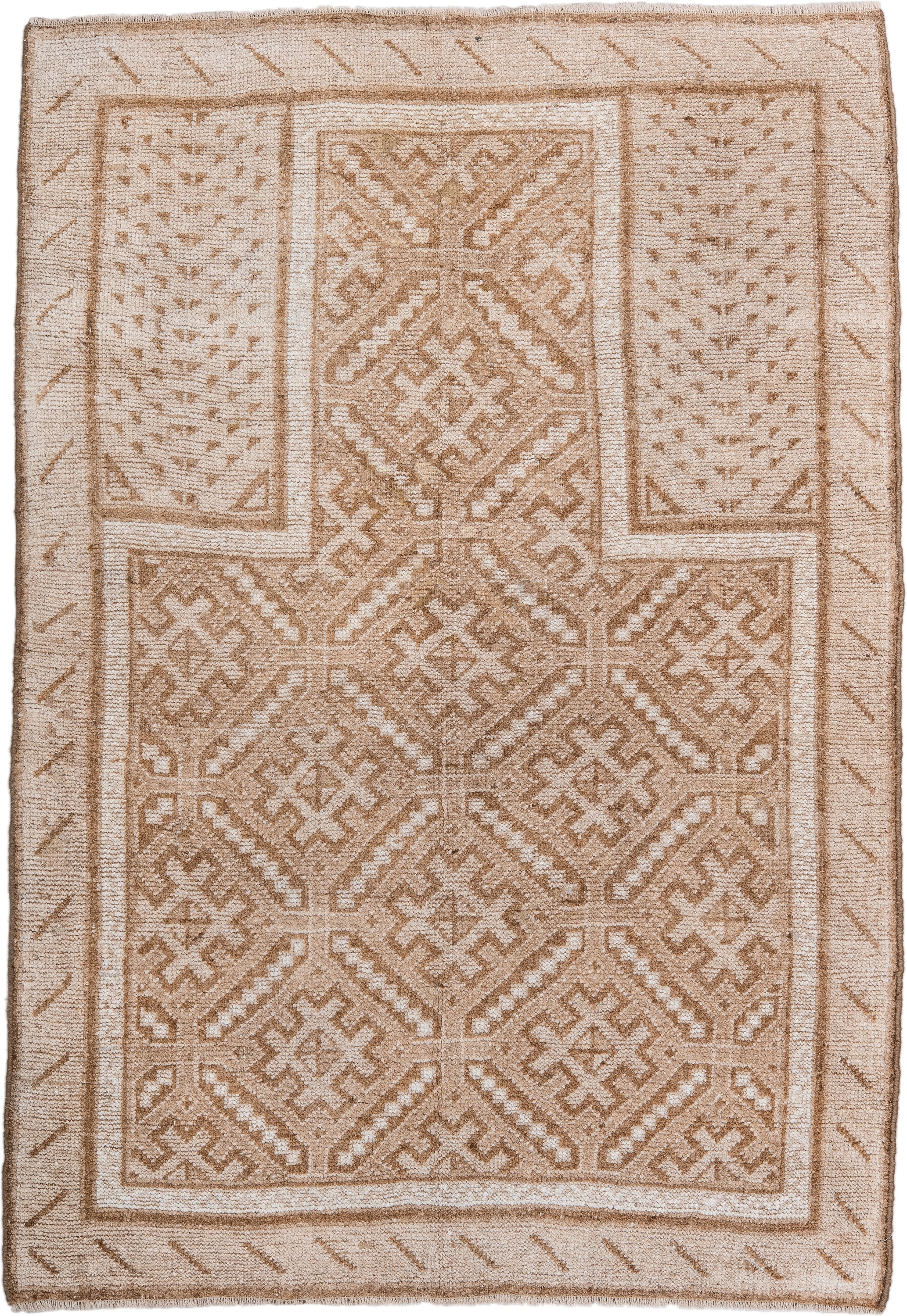 3' x 4' one-of-a-kind handmade antique Belouch small size rug. Color palette: ivory, camel, taupe, sand, beige, gray
