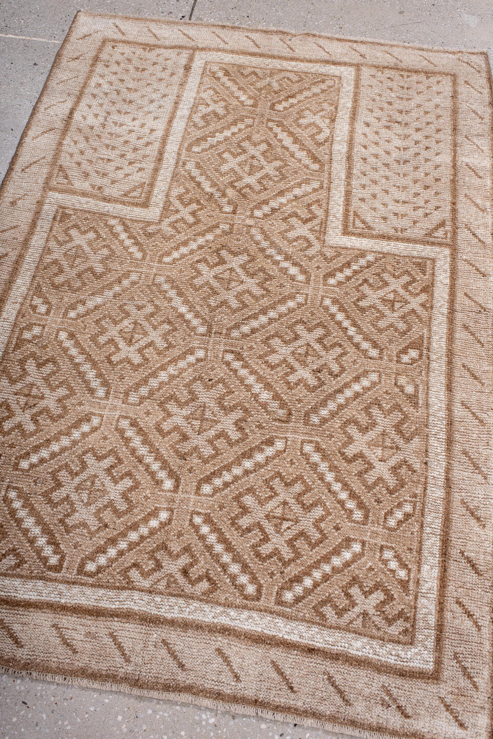 3' x 4' one-of-a-kind handmade antique Belouch small size rug. Color palette: ivory, camel, taupe, sand, beige, gray