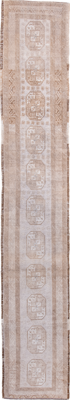 1' x 9' one-of-a-kind handmade vintage Afghan rug. Color palette: brown, dim gray, gainsboro, gray, light gray, off-white