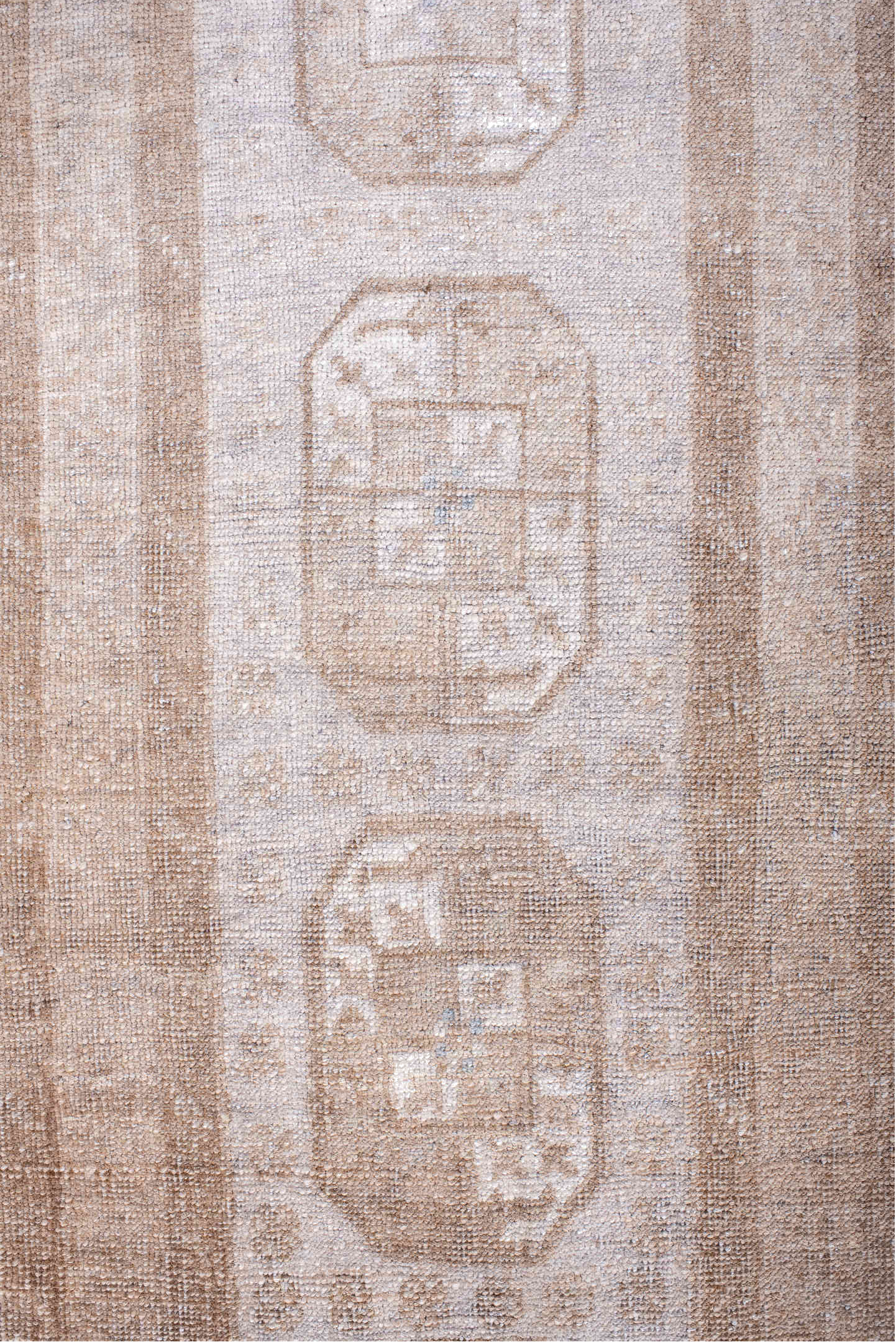 1' x 9' one-of-a-kind handmade vintage Afghan rug. Color palette: brown, dim gray, gainsboro, gray, light gray, off-white