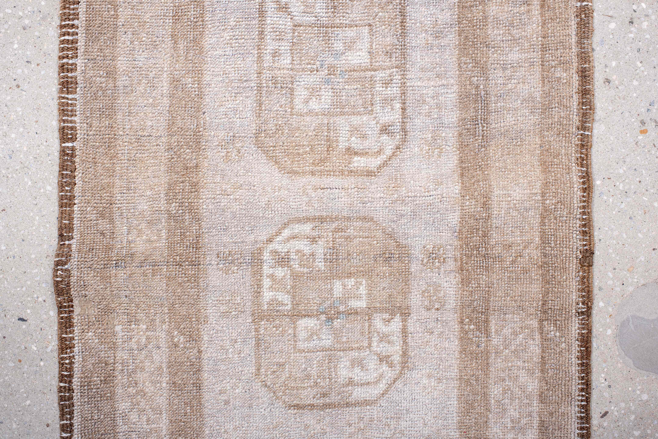 1' x 9' one-of-a-kind handmade antique Afghan rug. Color palette: ivory, taupe, beige, camel, sand, gray