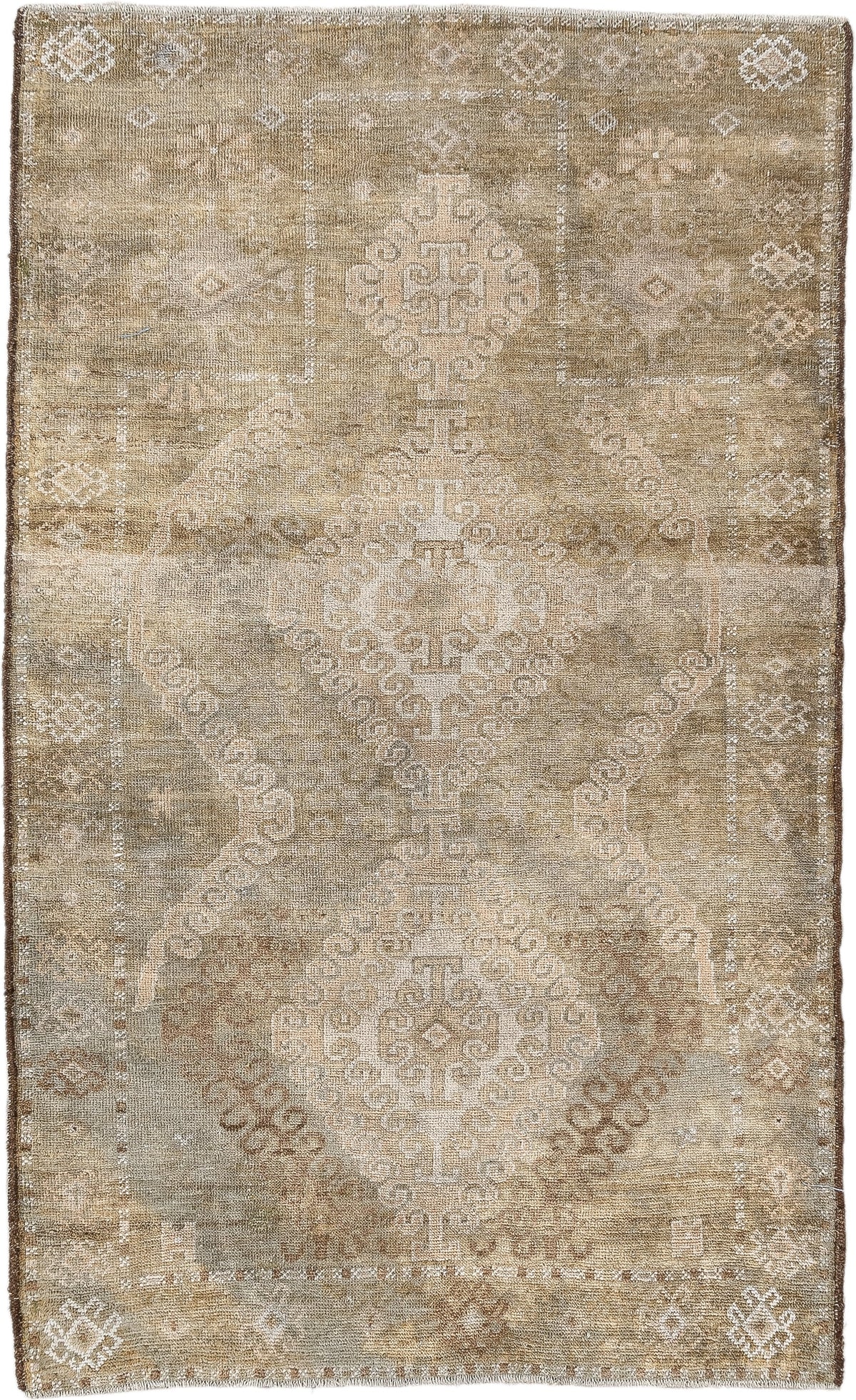 2' x 4' one-of-a-kind handmade antique Belouch small size rug. Color palette: camel, ivory, taupe, beige, sand, light brown