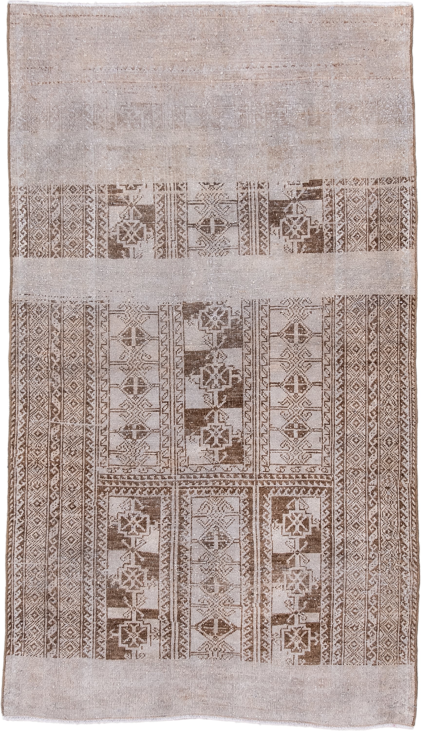 3' x 5' one-of-a-kind handmade vintage Belouch small size rug. Color palette: ivory, taupe, beige, camel, brown, gray