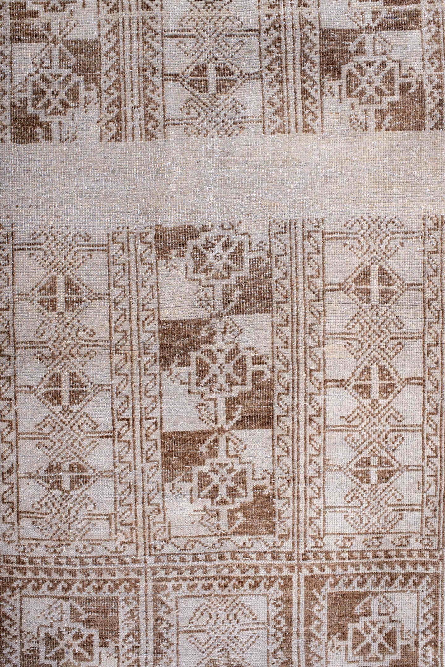 3' x 5' one-of-a-kind handmade vintage Belouch small size rug. Color palette: ivory, taupe, beige, camel, brown, gray
