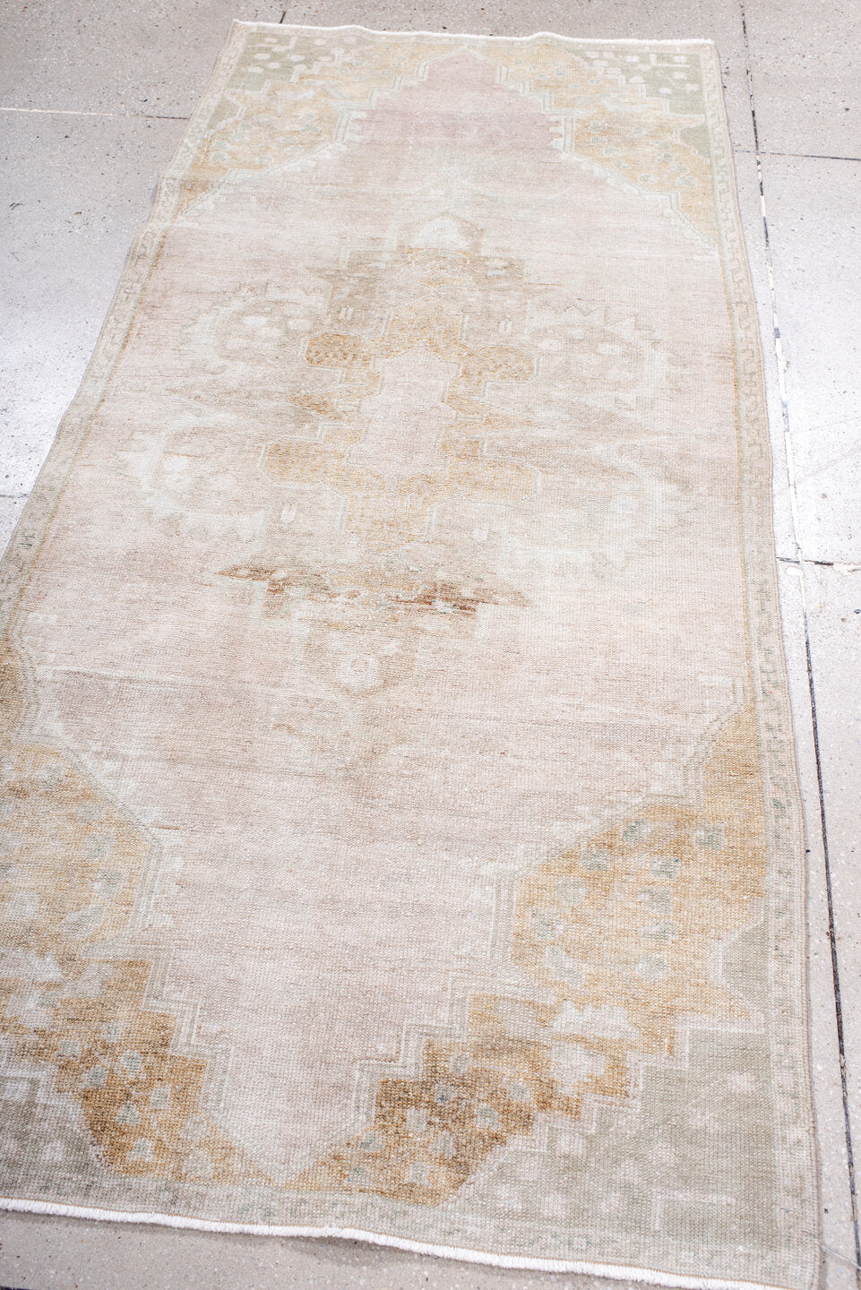 3' x 7' one-of-a-kind handmade antique Anatolian runner rug. Color palette: ivory, blush, cream, beige, pale gold, taupe