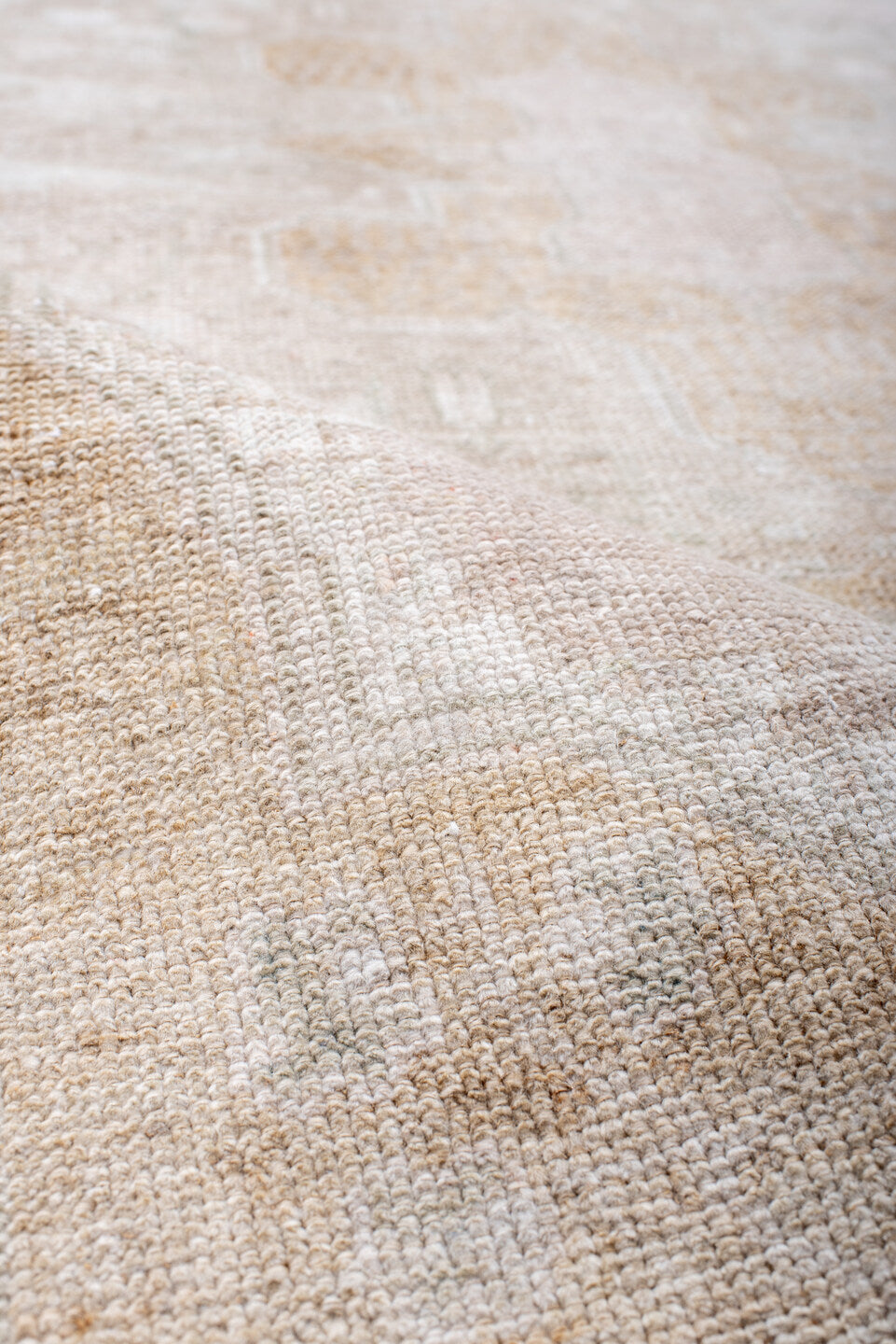 3' x 7' one-of-a-kind handmade antique Anatolian runner rug. Color palette: ivory, blush, cream, beige, pale gold, taupe