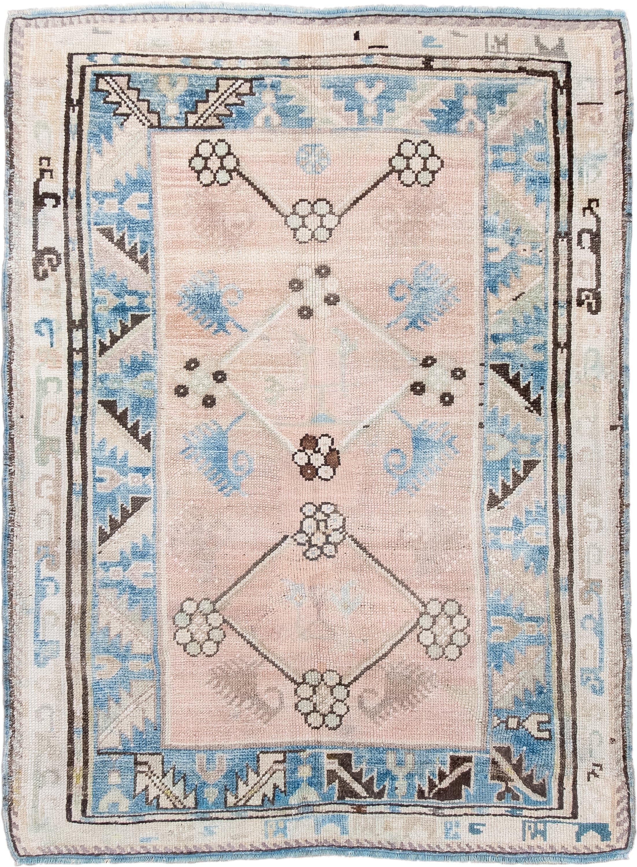3' x 4' one-of-a-kind handmade antique Anatolian small size rug. Color palette: ivory, sky blue, blush, charcoal, taupe
