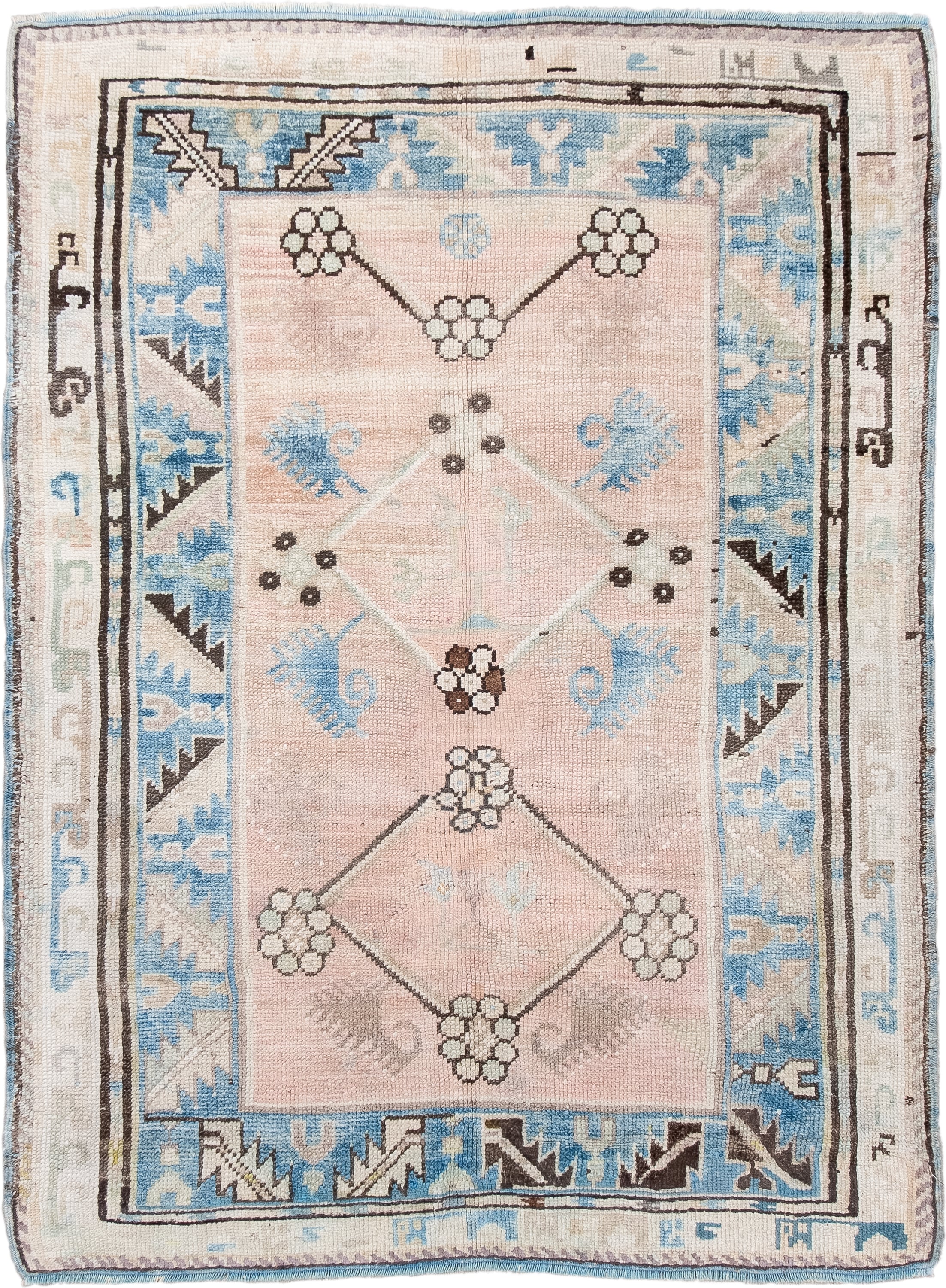 3' x 4' one-of-a-kind handmade antique Anatolian small size rug. Color palette: ivory, sky blue, blush, charcoal, taupe