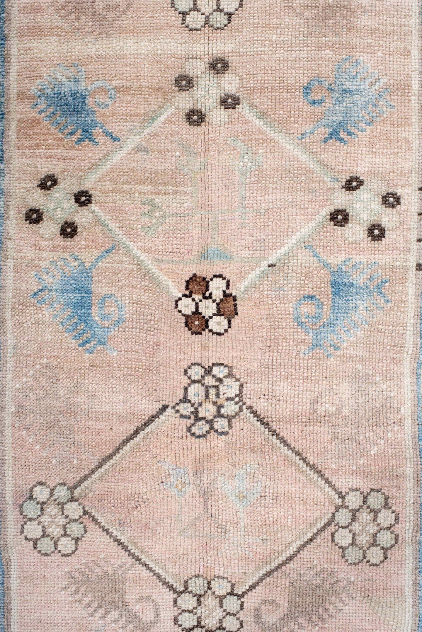 3' x 4' one-of-a-kind handmade antique Anatolian small size rug. Color palette: ivory, sky blue, blush, charcoal, taupe
