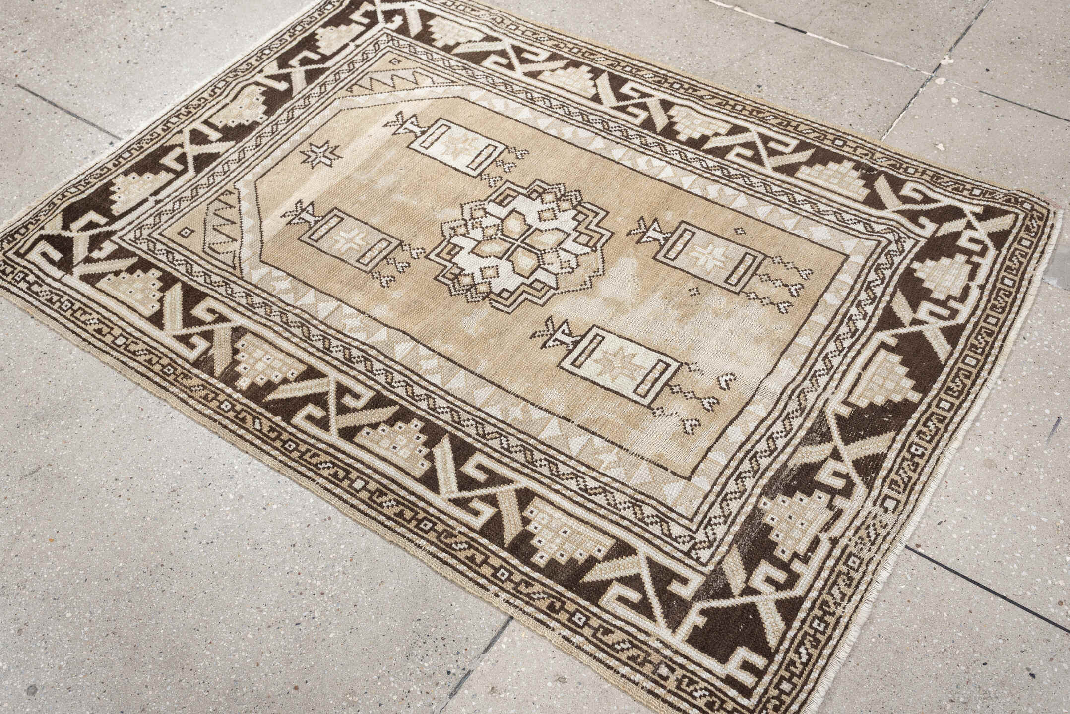 3' x 4' one-of-a-kind handmade antique Anatolian small size rug. Color palette: ivory, brown, taupe, camel, beige, gray