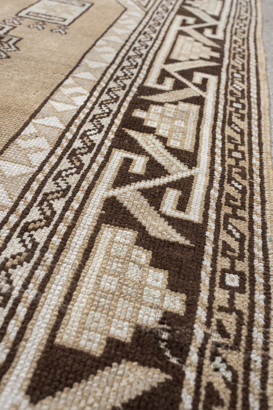 3' x 4' one-of-a-kind handmade antique Anatolian small size rug. Color palette: ivory, brown, taupe, camel, beige, gray
