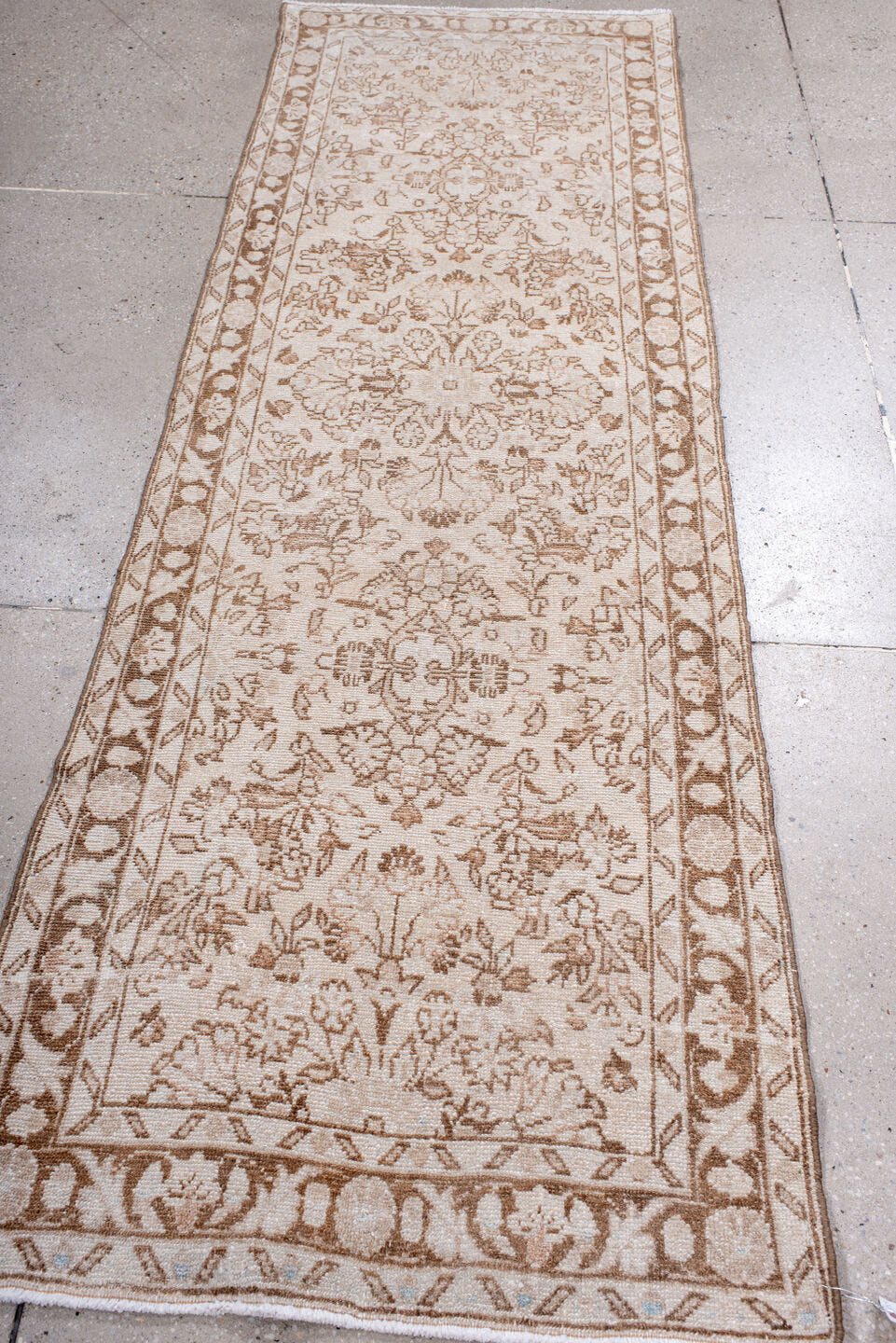2' x 8' one-of-a-kind handmade antique Hamadan runner rug. Color palette: ivory, camel, taupe, beige, sand, gray