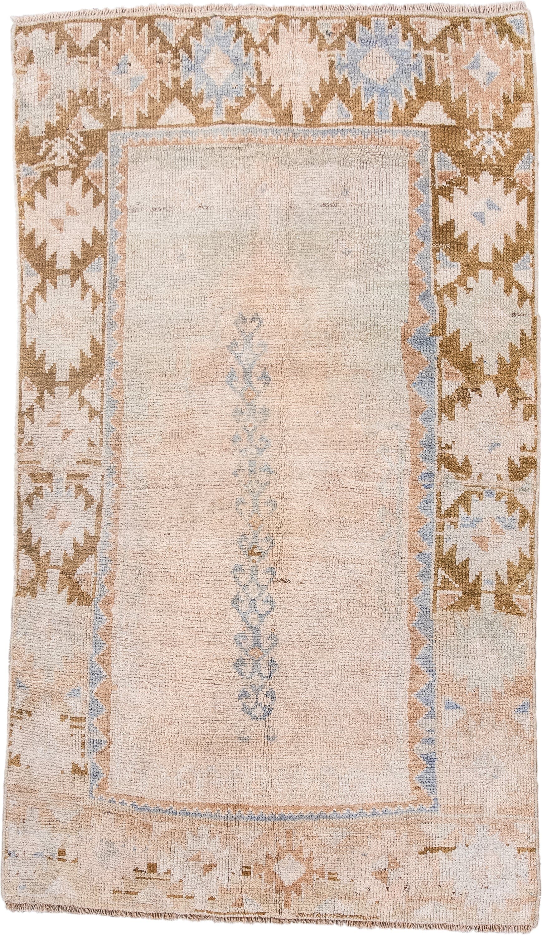 2' x 4' one-of-a-kind handmade antique Anatolian small size rug. Color palette: ivory, blush, camel, pale_blue, taupe, pink