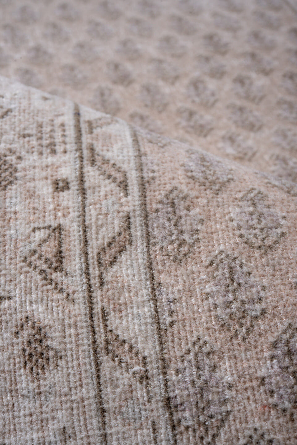 2' x 9' one-of-a-kind handmade vintage Mir runner rug. Color palette: ivory, taupe, beige, camel, light brown, gray, brown