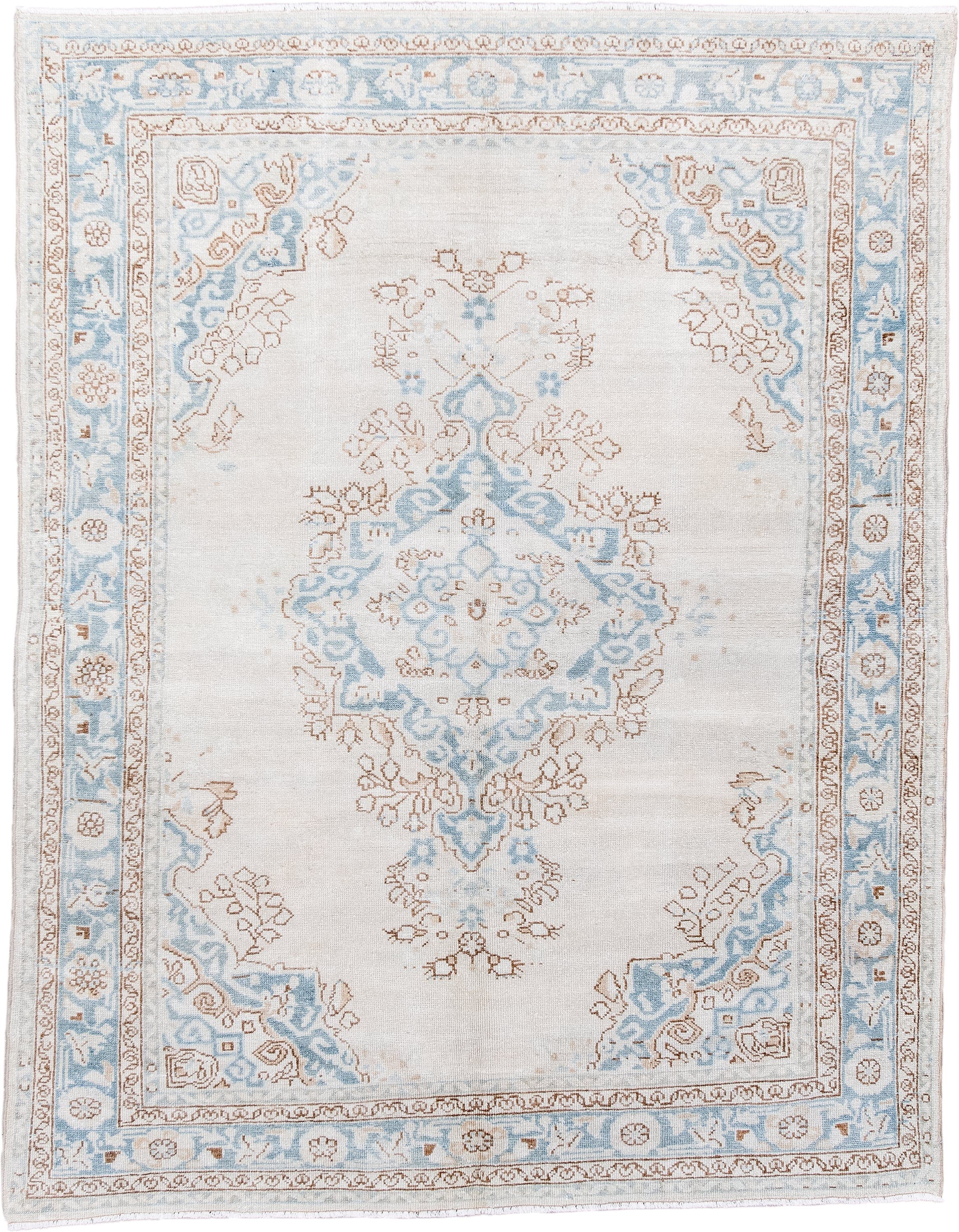 5' x 6' one-of-a-kind handmade antique Malayer rug. Color palette: ivory, pale blue, taupe, cream, camel, light blue, beige