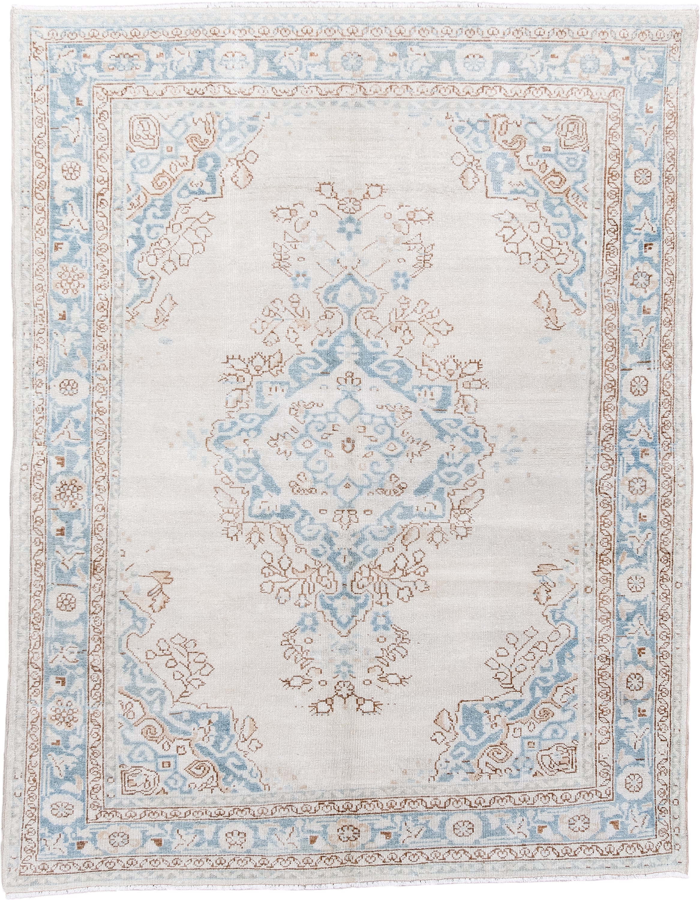 5' x 6' one-of-a-kind handmade antique Malayer rug. Color palette: ivory, pale blue, taupe, cream, camel, light blue, beige