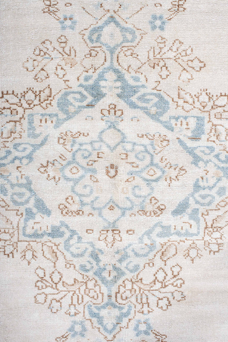 5' x 6' one-of-a-kind handmade antique Malayer rug. Color palette: ivory, pale blue, taupe, cream, camel, light blue, beige