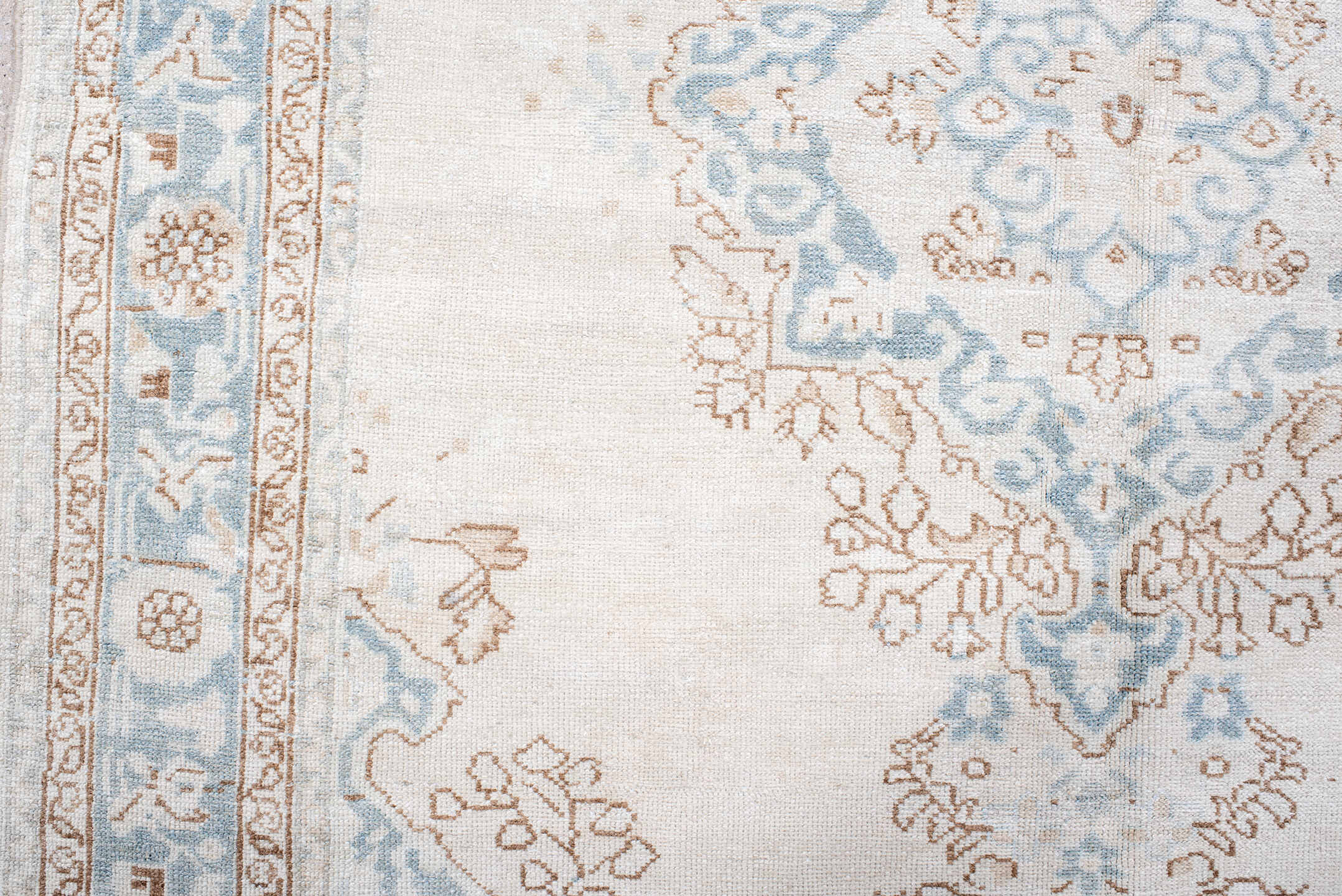 5' x 6' one-of-a-kind handmade antique Malayer rug. Color palette: ivory, pale blue, taupe, cream, camel, light blue, beige