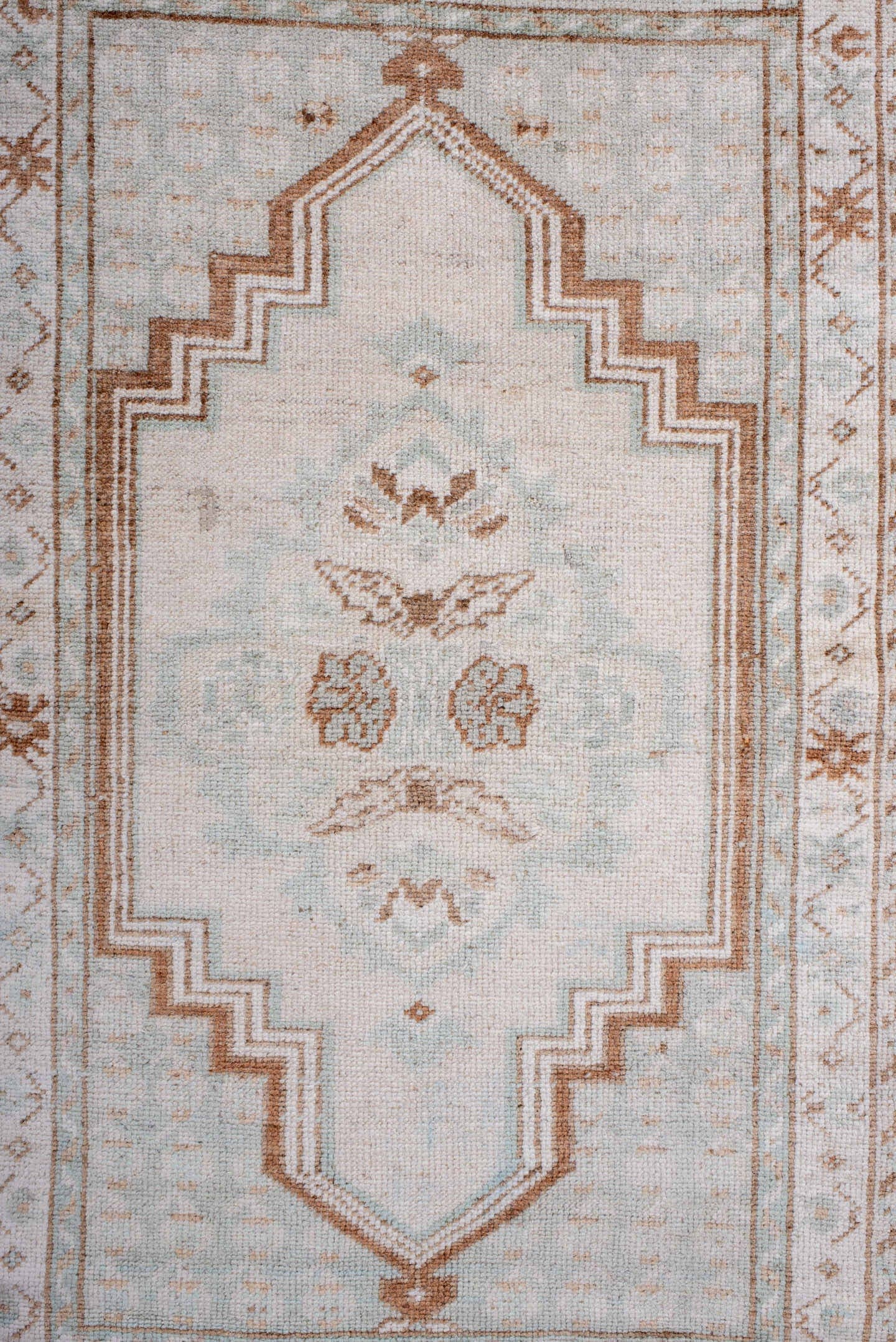3' x 5' one-of-a-kind handmade antique Anatolian small size rug. Color palette: ivory, terra cotta, cream, pale blue, beige